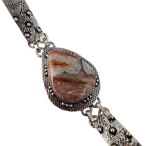 Agate gemstone bracelet silver chunky statement artisan crazy lace agate J30 - Picture 7 of 15